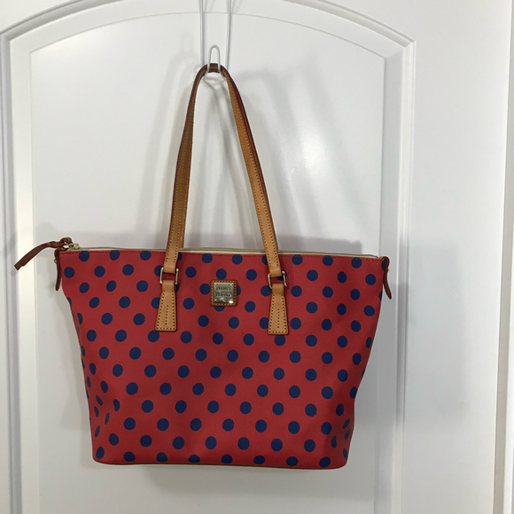 Dooney and Bourke Red with Blue Polka Large Shopper Dot Tote & Dustbag EUC - Picture 1 of 12